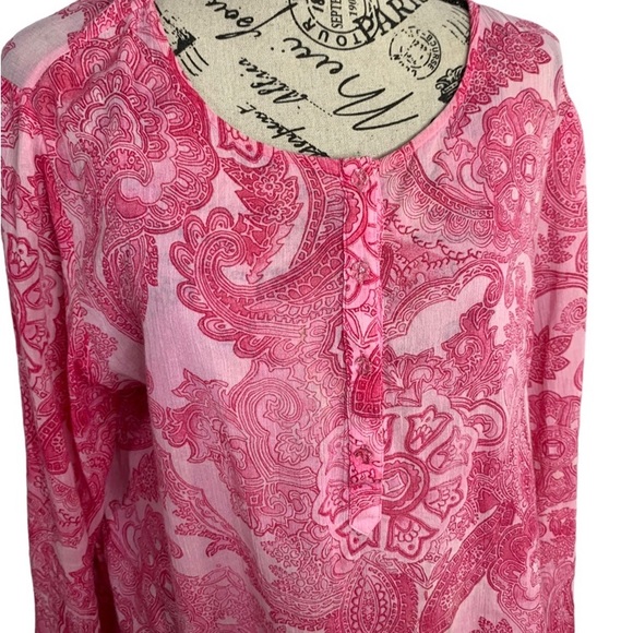Jones New York Tunic Blouse Boho long Sleeve paisley pink cotton light Women’s L - Picture 2 of 14